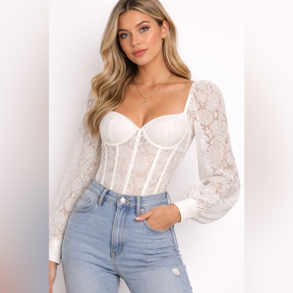 ✨ The Vintage Shop Lace Corset Bodysuit Romantic Long Sleeve Size M ✨